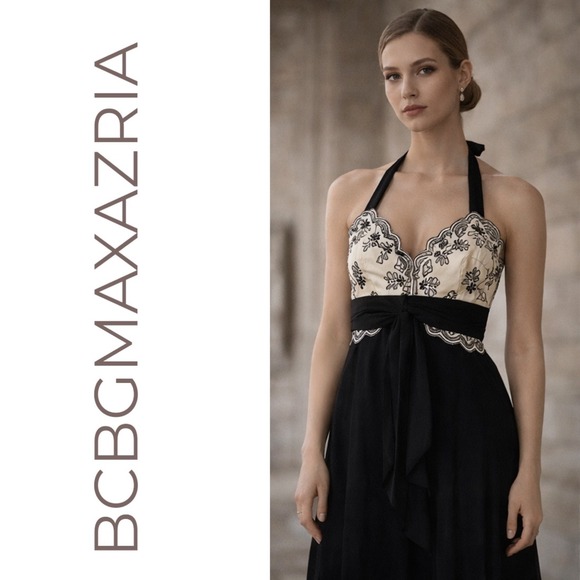 BCBGMaxAzria Dresses & Skirts - BCBGMAXAZRIA Halter Dress Black Ivory Embroidered Y2K Evening Size 0